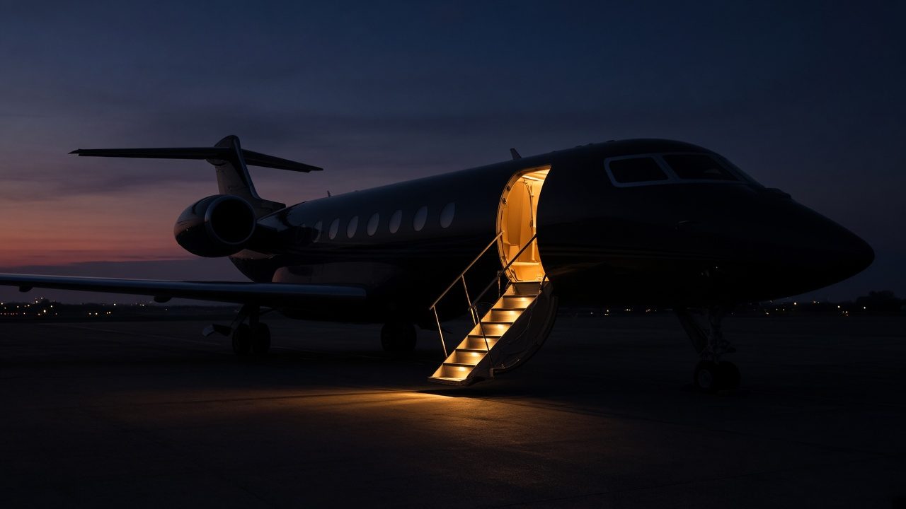 Private jet at dusk with its lit airstair lowered for boarding