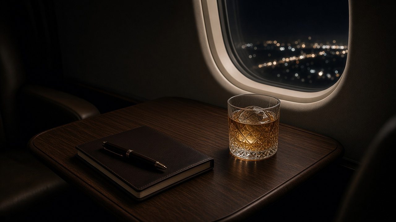 Whiskey with a round ice sphere on a private jet cabin table, city lights below