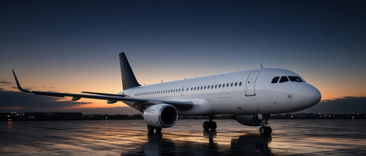 VIP airliner private jet, a converted airliner, on a wet ramp at sunset
