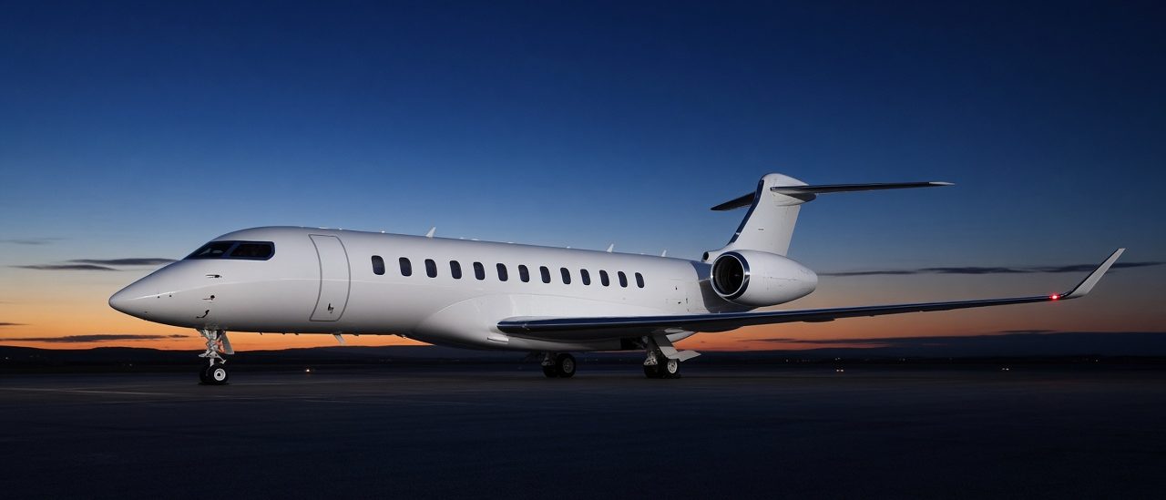 Ultra long range private jet on the ramp at dusk