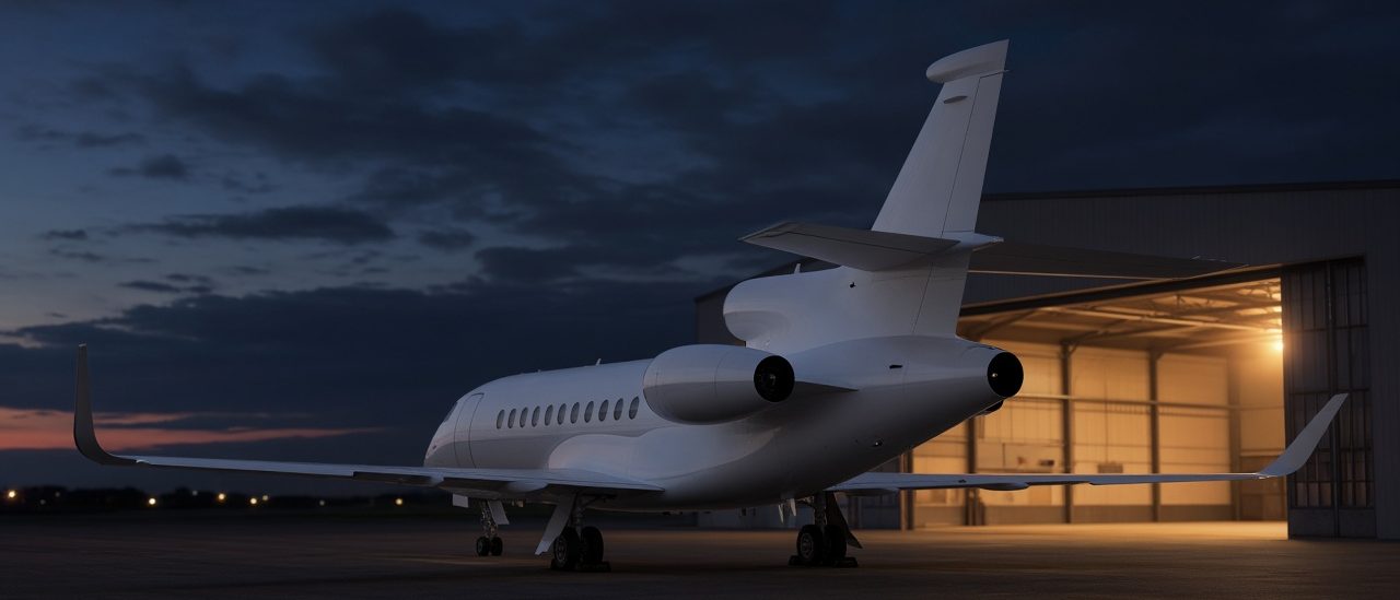 Large private jet parked outside a lit hangar at dusk