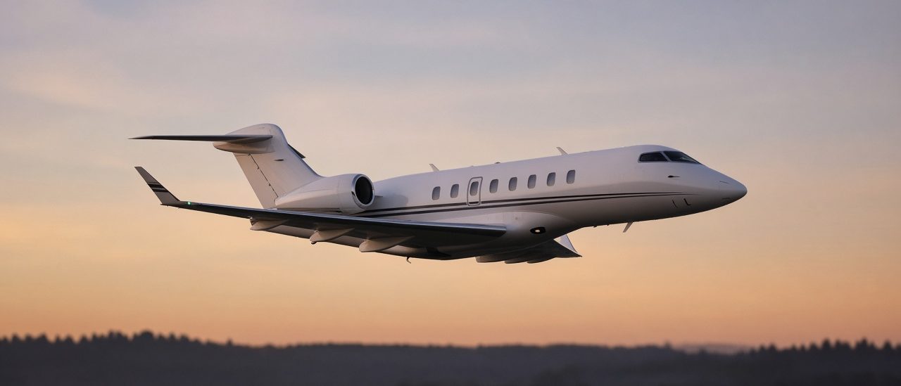 Super midsize private jet climbing after takeoff at sunset