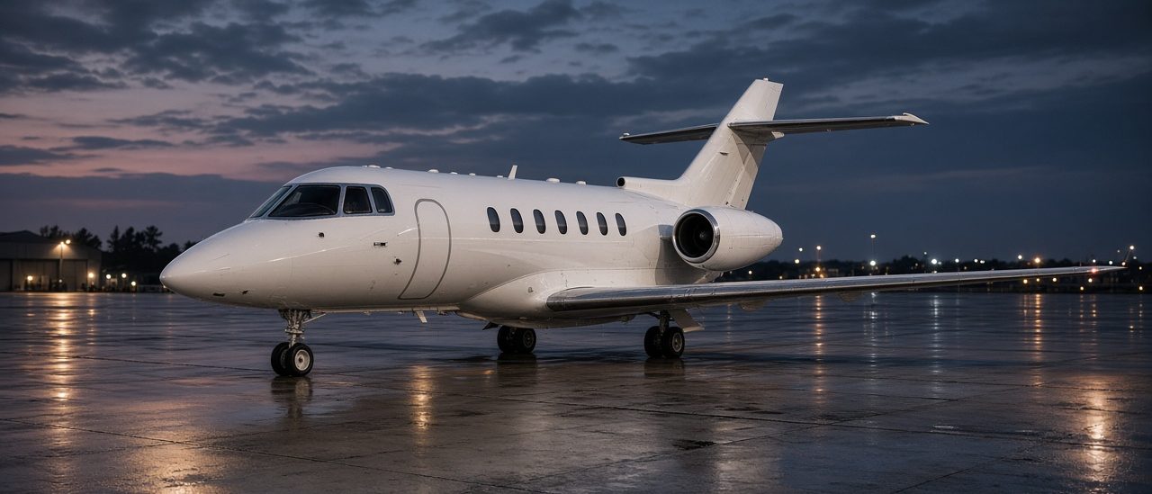 Midsize private jet on a wet ramp at dusk