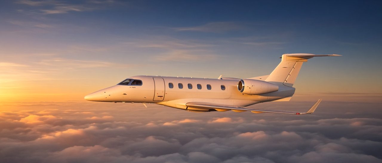 Super light private jet flying above the clouds at sunset