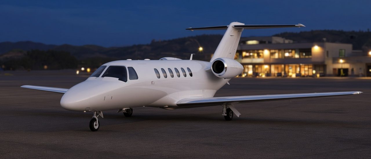 Light jet parked on the ramp outside a lit terminal at dusk