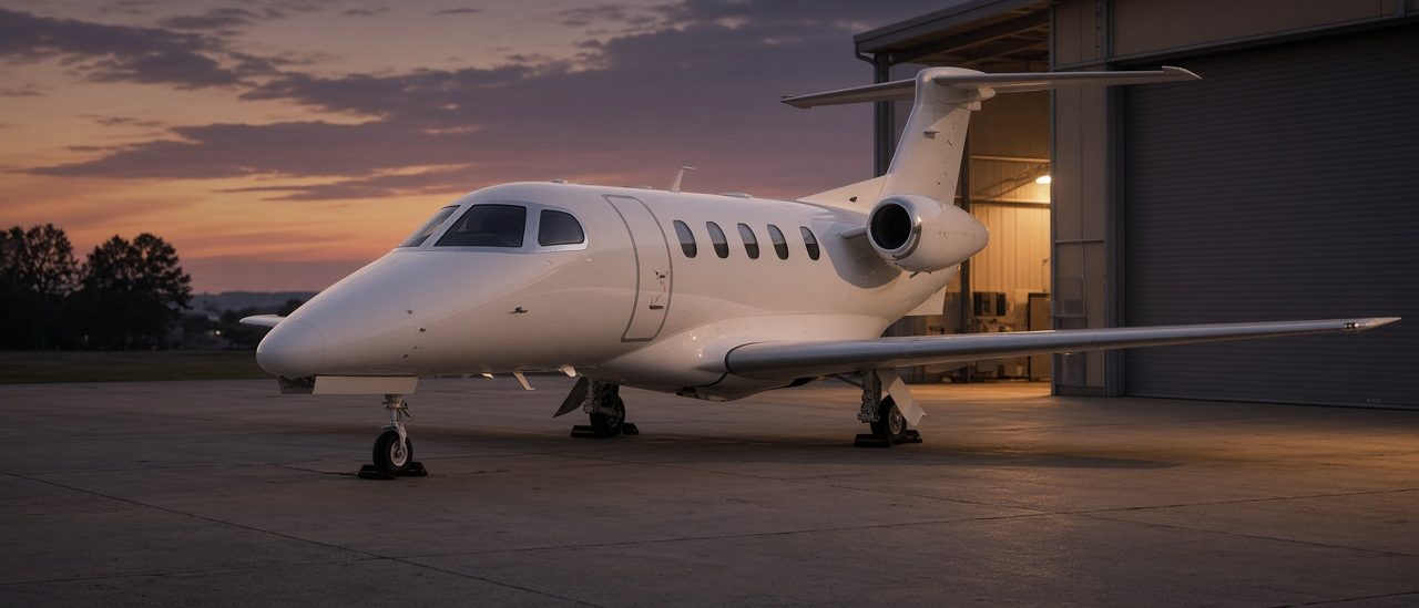 Very light jet parked outside a hangar at sunset