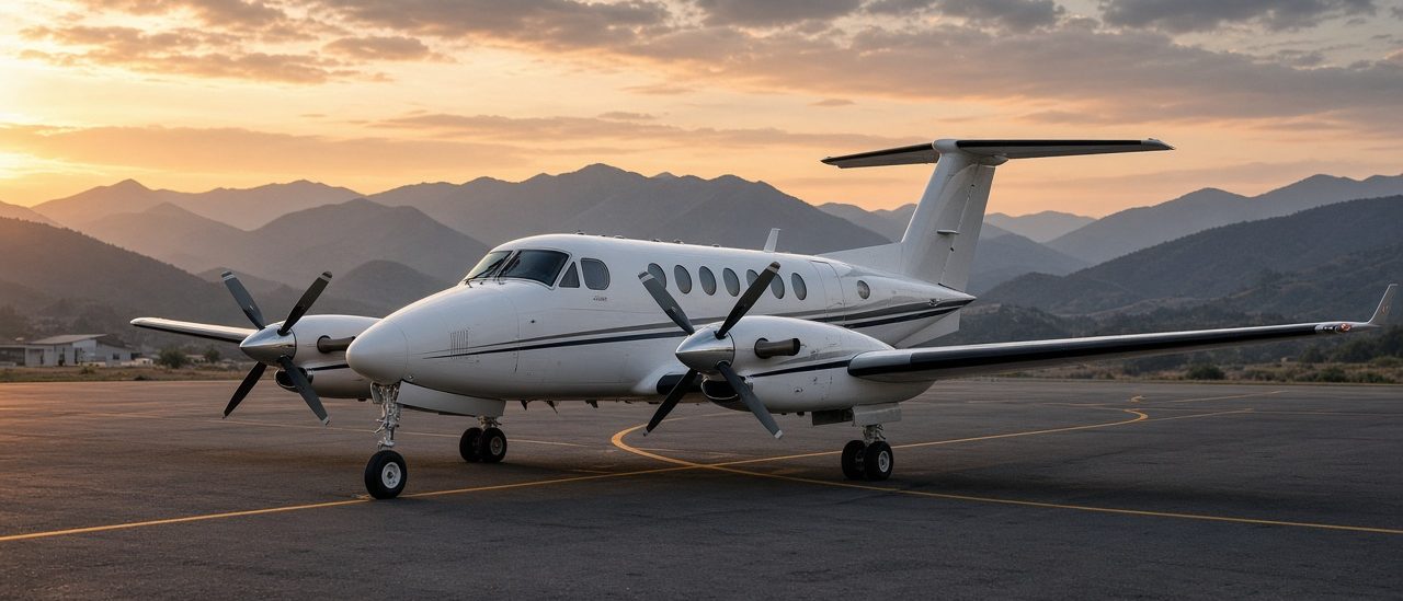 Twin-engine turboprop aircraft on the ramp with mountains behind at sunset