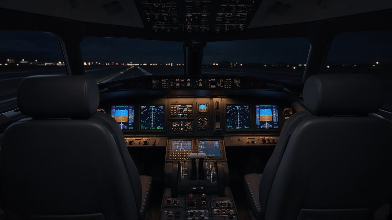Private jet cockpit at night with the flight displays lit