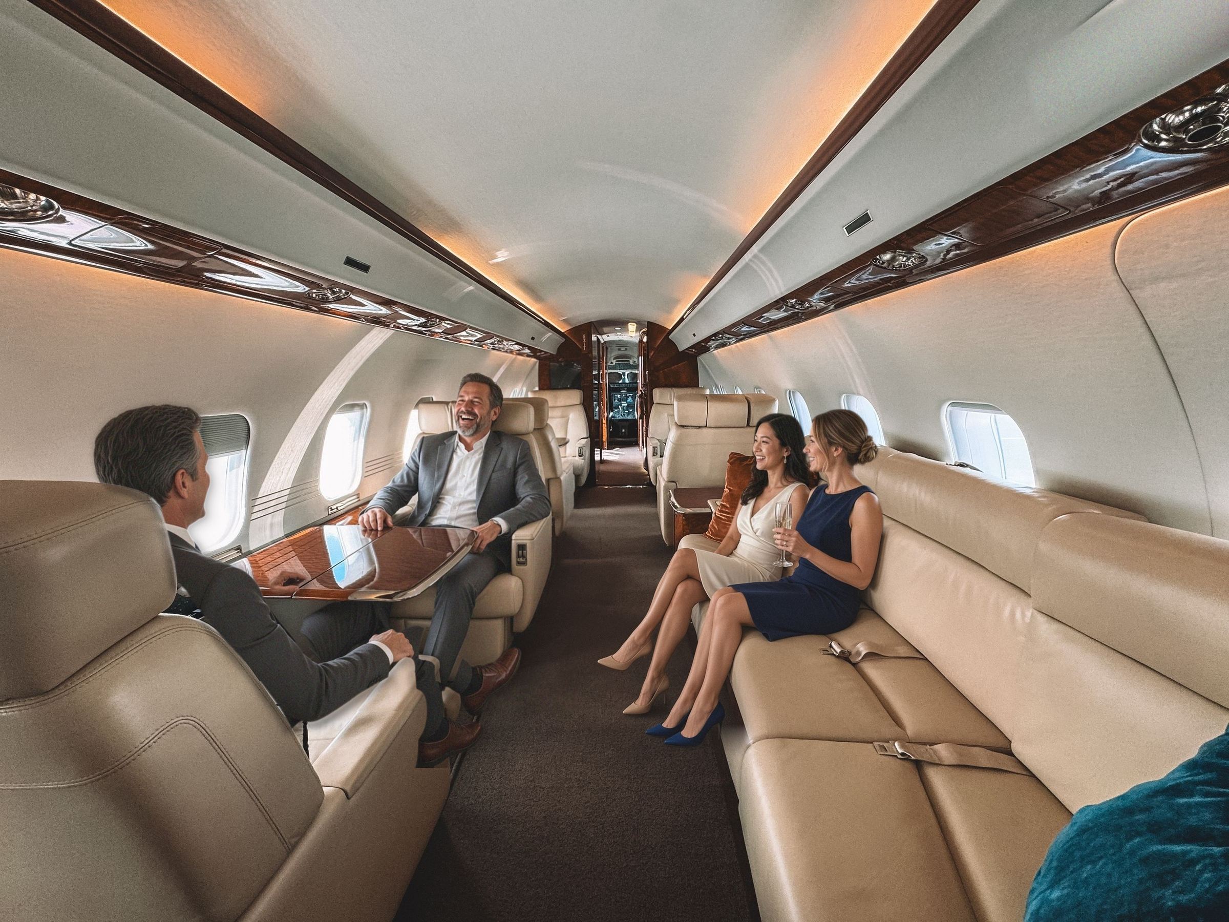 Two businessmen and two women in cocktail dresses laughing together in a cream leather private jet cabin