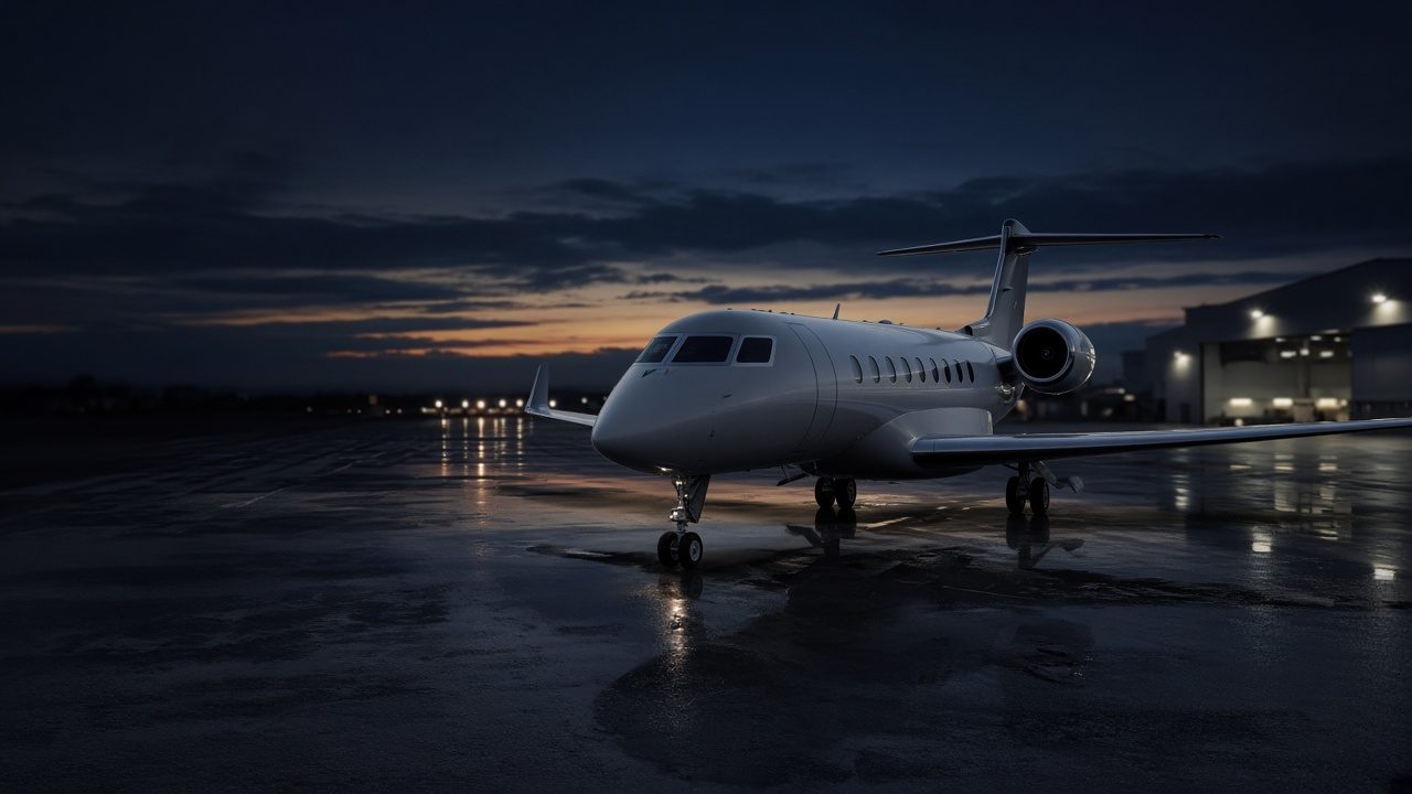 Charter jet parked on a wet ramp at blue hour
